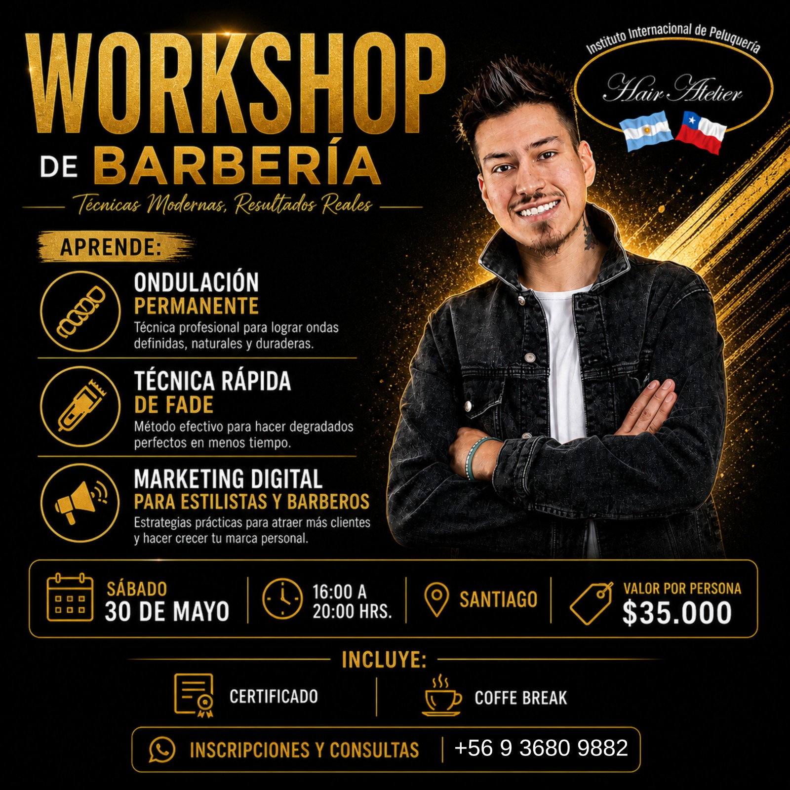 Workshop de Barbería Santiago 2026 – Instituto Hair Atelier Chile – Técnicas Fade y Ondulación